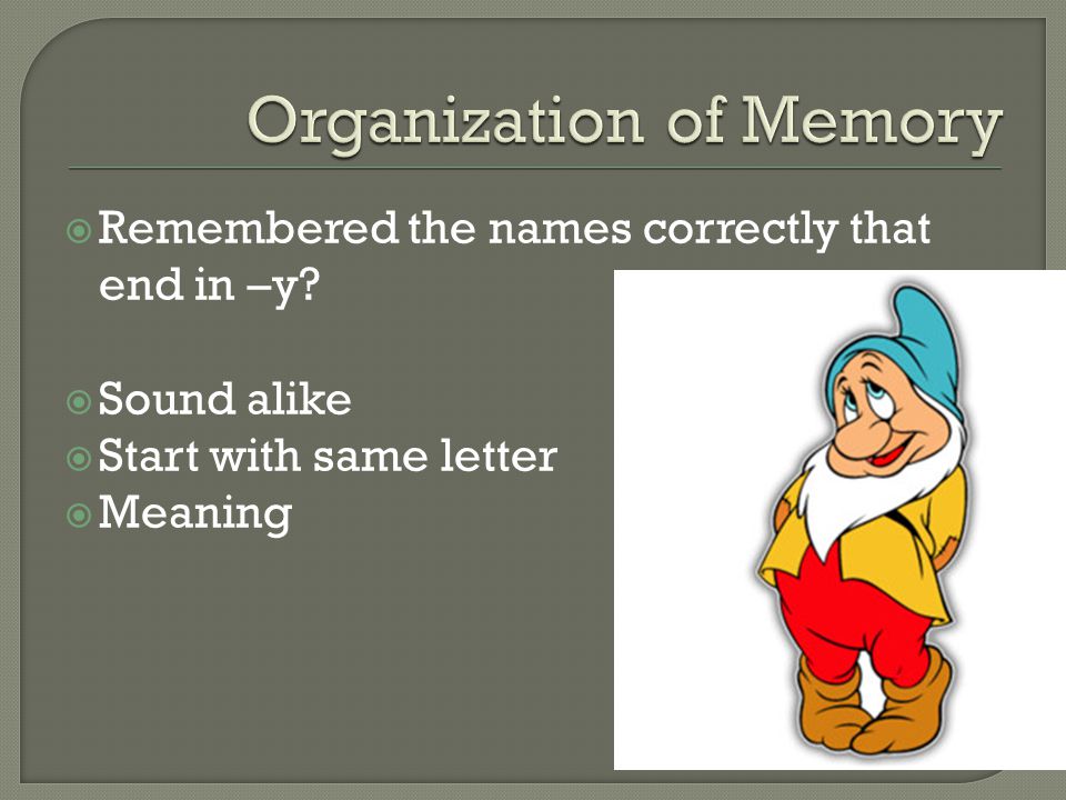  Remembered the names correctly that end in –y  Sound alike  Start with same letter  Meaning