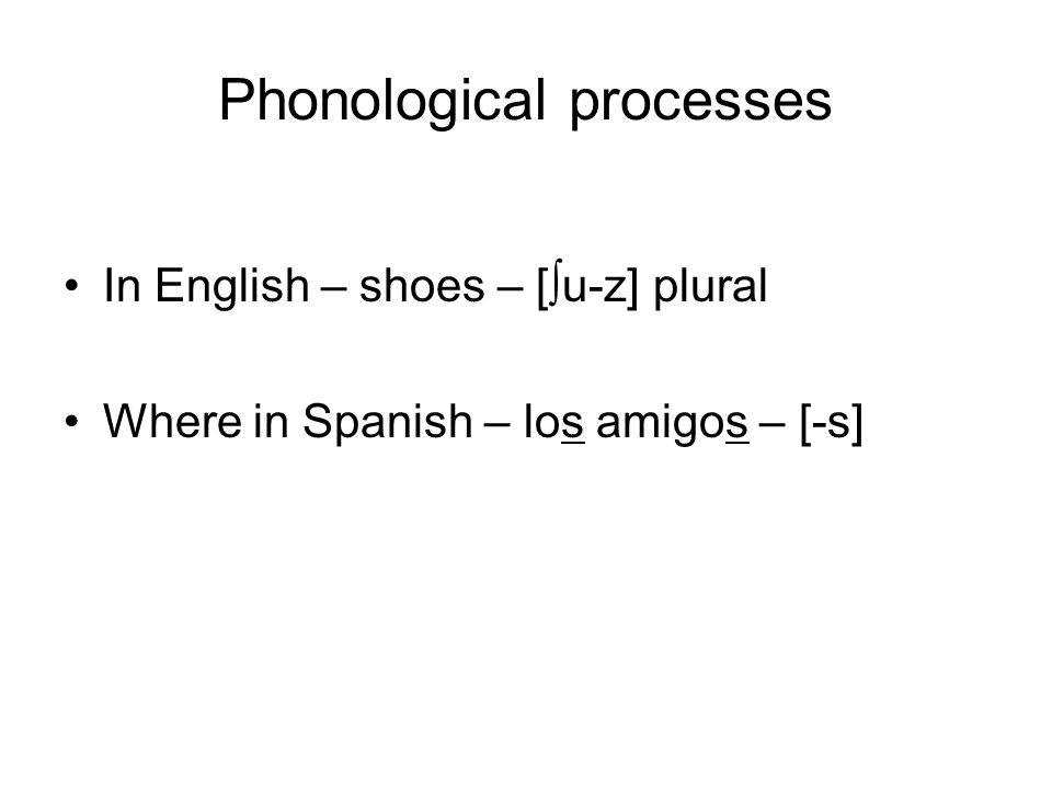 Phonological processes In English – shoes – [ ∫ u-z] plural Where in Spanish – los amigos – [-s]