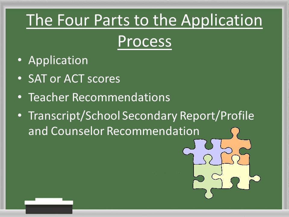 The Four Parts to the Application Process Application SAT or ACT scores Teacher Recommendations Transcript/School Secondary Report/Profile and Counselor Recommendation