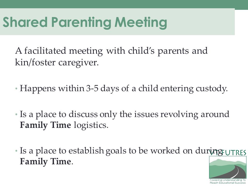 Shared Parenting Meeting A facilitated meeting with child’s parents and kin/foster caregiver.