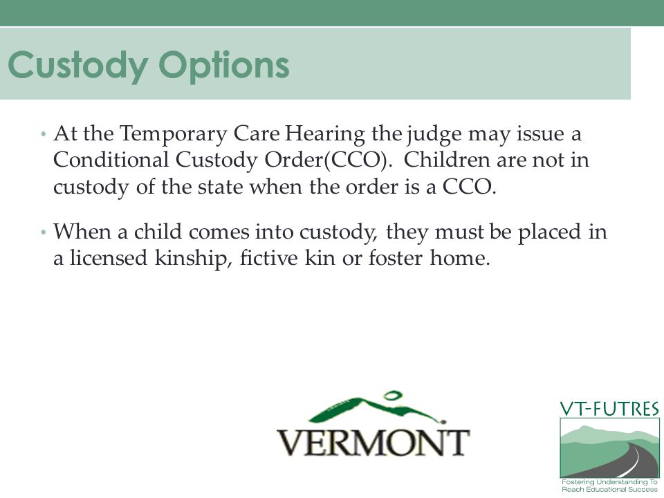 Custody Options At the Temporary Care Hearing the judge may issue a Conditional Custody Order(CCO).