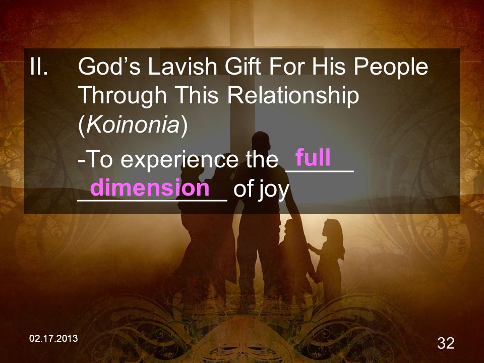 II.God’s Lavish Gift For His People Through This Relationship (Koinonia) -To experience the _____ ___________ of joy dimension full