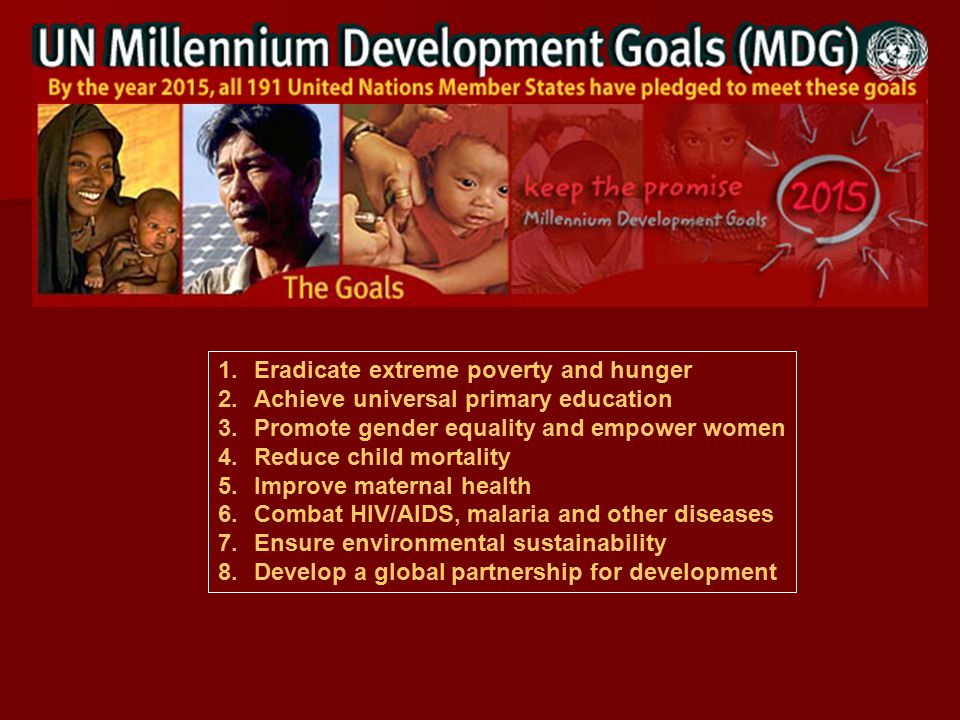 1.Eradicate extreme poverty and hunger 2.Achieve universal primary education 3.Promote gender equality and empower women 4.Reduce child mortality 5.Improve maternal health 6.Combat HIV/AIDS, malaria and other diseases 7.Ensure environmental sustainability 8.Develop a global partnership for development