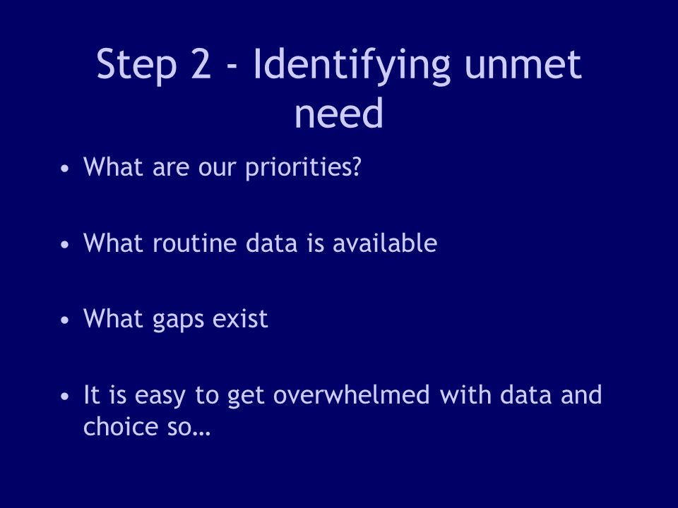 8 Step 2 - Identifying unmet need What are our priorities.