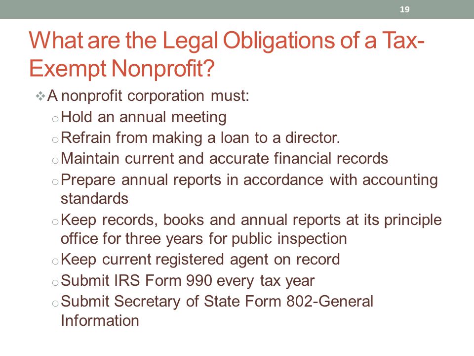 A nonprofit corporation must: o Hold an annual meeting o Refrain from making a loan to a director.