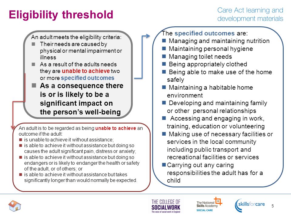 An adult meets the eligibility criteria: Their needs are caused by physical or mental impairment or illness As a result of the adults needs they are unable to achieve two or more specified outcomes As a consequence there is or is likely to be a significant impact on the person’s well-being An adult is to be regarded as being unable to achieve an outcome if the adult: is unable to achieve it without assistance; is able to achieve it without assistance but doing so causes the adult significant pain, distress or anxiety; is able to achieve it without assistance but doing so endangers or is likely to endanger the health or safety of the adult, or of others; or is able to achieve it without assistance but takes significantly longer than would normally be expected.