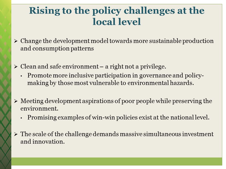 Rising to the policy challenges at the local level  Change the development model towards more sustainable production and consumption patterns  Clean and safe environment – a right not a privilege.