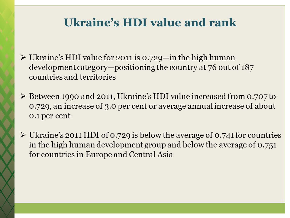Ukraine’s HDI value and rank  Ukraine’s HDI value for 2011 is 0.729—in the high human development category—positioning the country at 76 out of 187 countries and territories  Between 1990 and 2011, Ukraine’s HDI value increased from to 0.729, an increase of 3.0 per cent or average annual increase of about 0.1 per cent  Ukraine’s 2011 HDI of is below the average of for countries in the high human development group and below the average of for countries in Europe and Central Asia