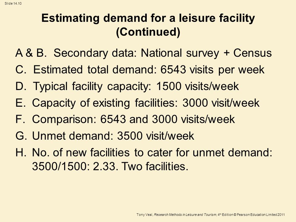 Tony Veal, Research Methods in Leisure and Tourism, 4 th Edition © Pearson Education Limited 2011 Slide Estimating demand for a leisure facility (Continued) A & B.