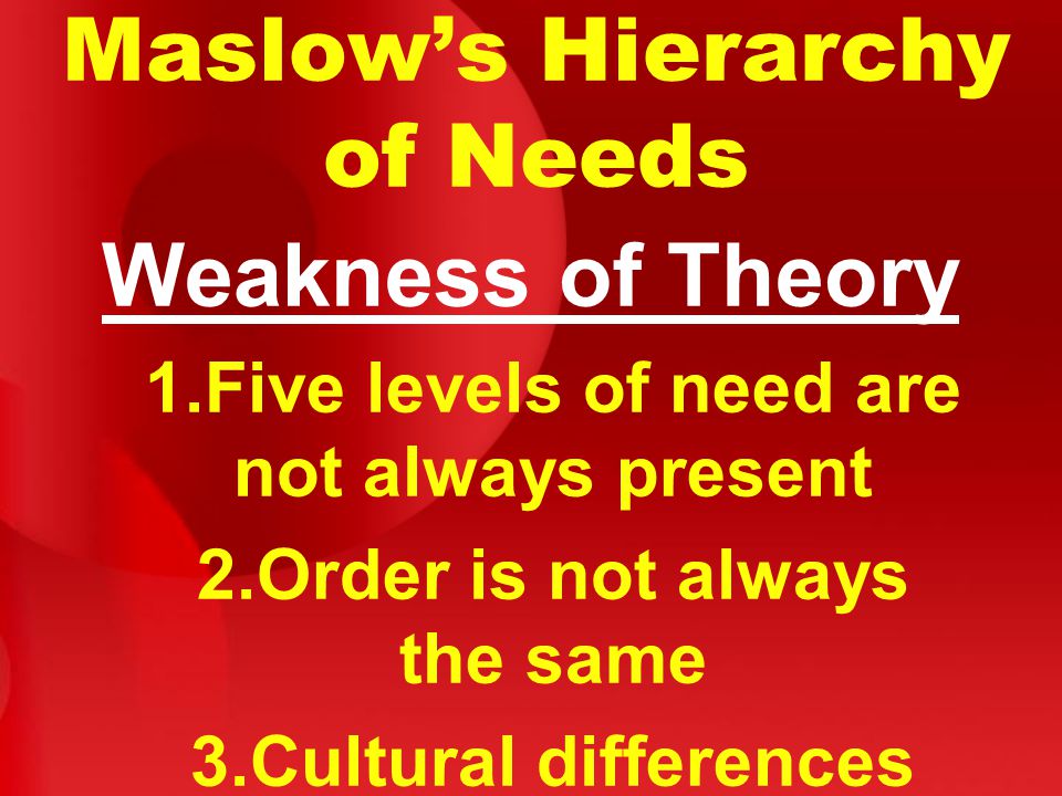 Maslow’s Hierarchy of Needs Weakness of Theory 1.Five levels of need are not always present 2.Order is not always the same 3.Cultural differences