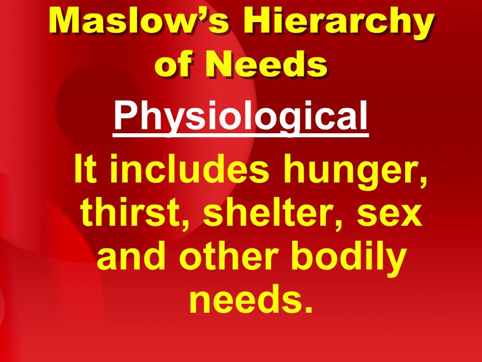 Maslow’s Hierarchy of Needs Physiological It includes hunger, thirst, shelter, sex and other bodily needs.