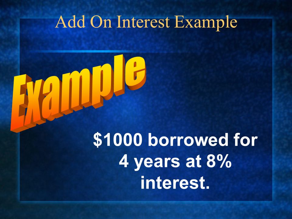Add On Interest Example $1000 borrowed for 4 years at 8% interest.