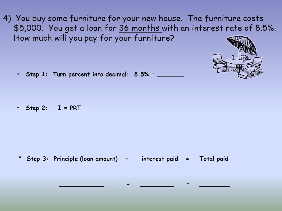 4) You buy some furniture for your new house. The furniture costs $5,000.