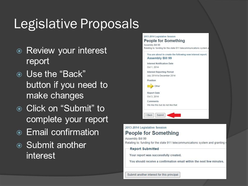 Legislative Proposals  Review your interest report  Use the Back button if you need to make changes  Click on Submit to complete your report   confirmation  Submit another interest