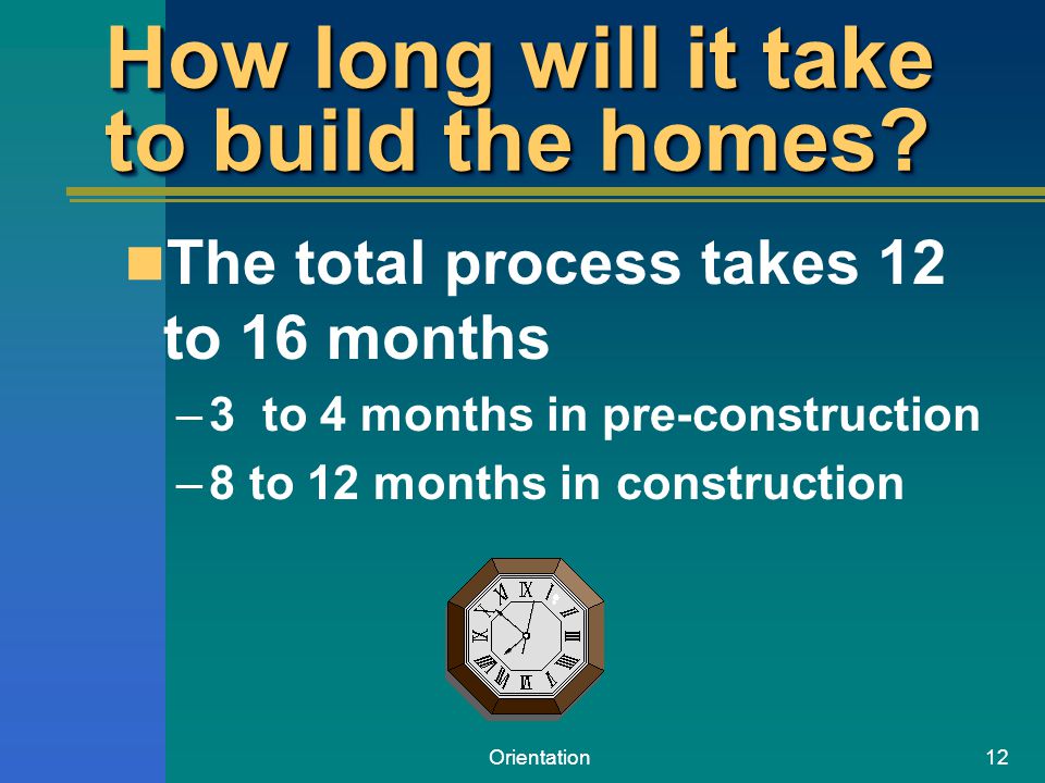 Orientation12 How long will it take to build the homes.