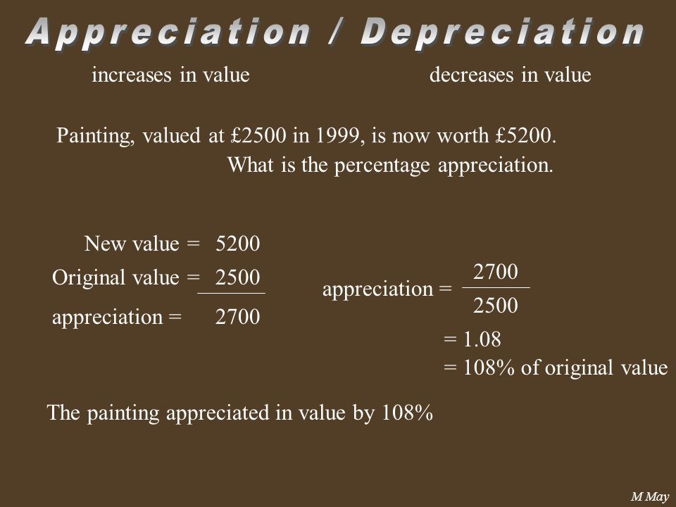M May increases in valuedecreases in value Painting, valued at £2500 in 1999, is now worth £5200.