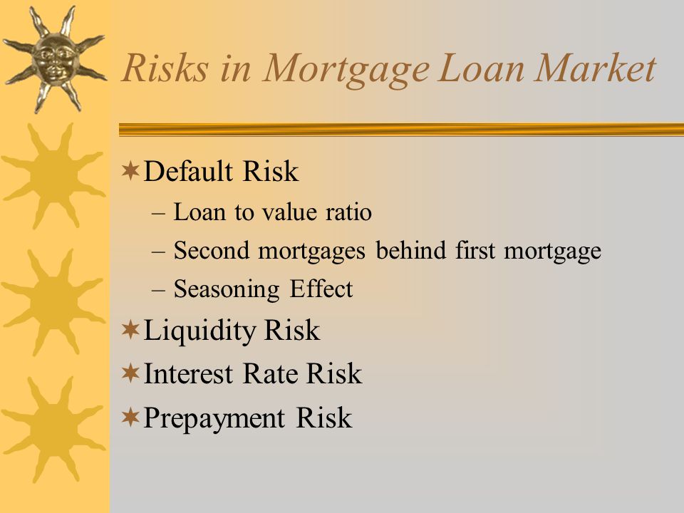 Risks in Mortgage Loan Market  Default Risk –Loan to value ratio –Second mortgages behind first mortgage –Seasoning Effect  Liquidity Risk  Interest Rate Risk  Prepayment Risk