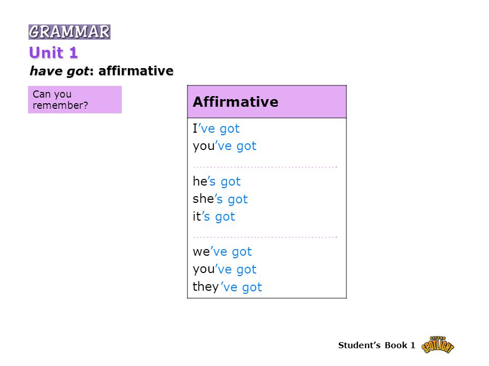 Student’s Book 1 Can you remember. have got: affirmative Unit 1 Affirmative I you …………………………………….