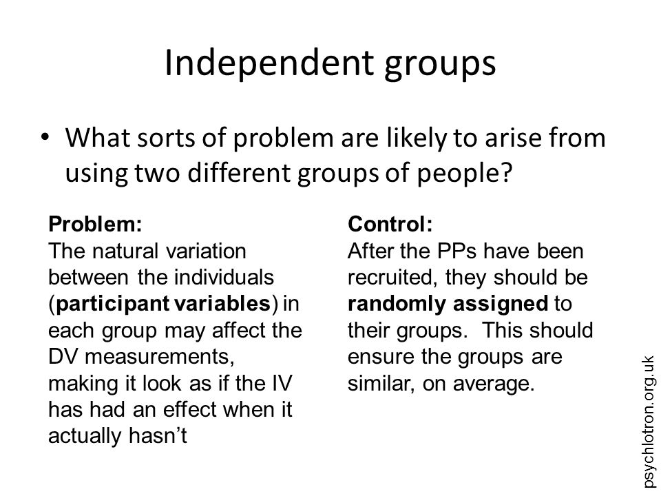 psychlotron.org.uk Independent groups What sorts of problem are likely to arise from using two different groups of people.
