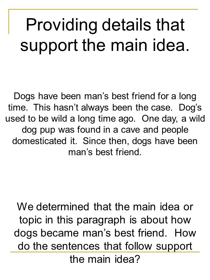 Providing details that support the main idea. Dogs have been man’s best friend for a long time.