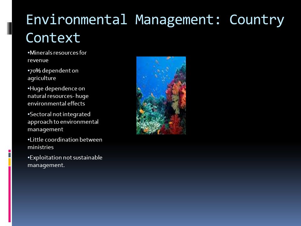 Environmental Management: Country Context Minerals resources for revenue 70% dependent on agriculture Huge dependence on natural resources- huge environmental effects Sectoral not integrated approach to environmental management Little coordination between ministries Exploitation not sustainable management.