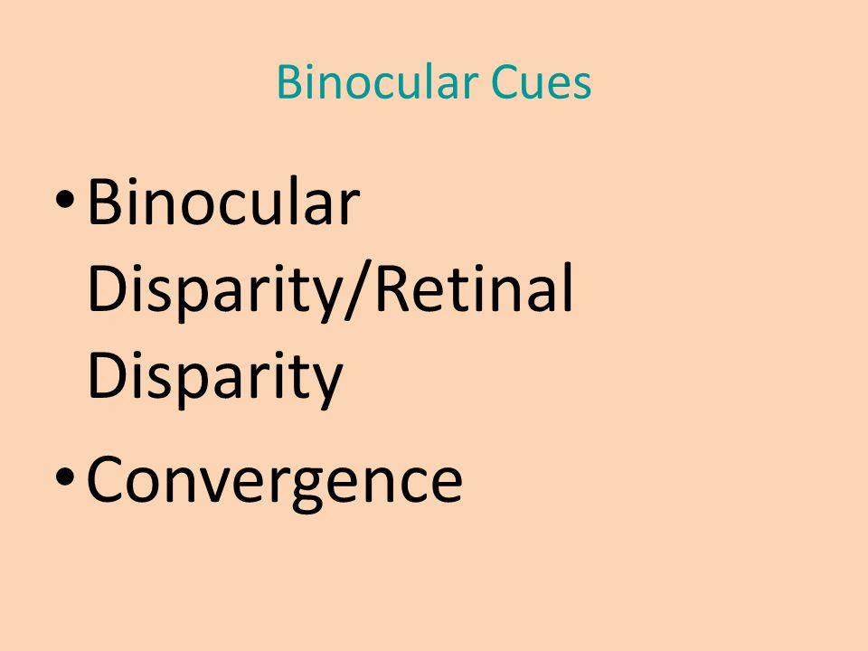 Binocular Cues Binocular Disparity/Retinal Disparity Convergence