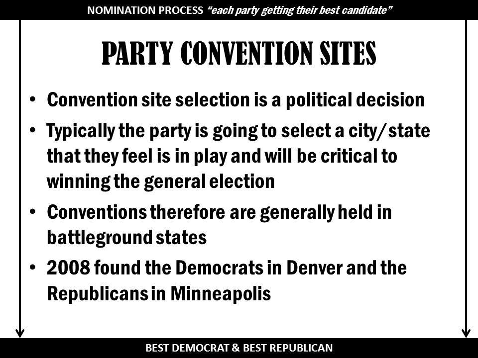 PARTY CONVENTION SITES Convention site selection is a political decision Typically the party is going to select a city/state that they feel is in play and will be critical to winning the general election Conventions therefore are generally held in battleground states 2008 found the Democrats in Denver and the Republicans in Minneapolis NOMINATION PROCESS BEST DEMOCRAT & BEST REPUBLICAN NOMINATION PROCESS each party getting their best candidate
