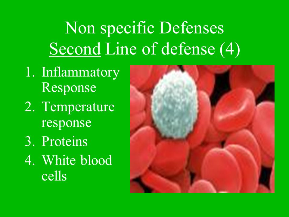 Non specific Defenses Second Line of defense (4) 1.Inflammatory Response 2.Temperature response 3.Proteins 4.White blood cells
