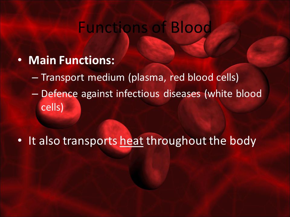 Functions of Blood Main Functions: – Transport medium (plasma, red blood cells) – Defence against infectious diseases (white blood cells) It also transports heat throughout the body