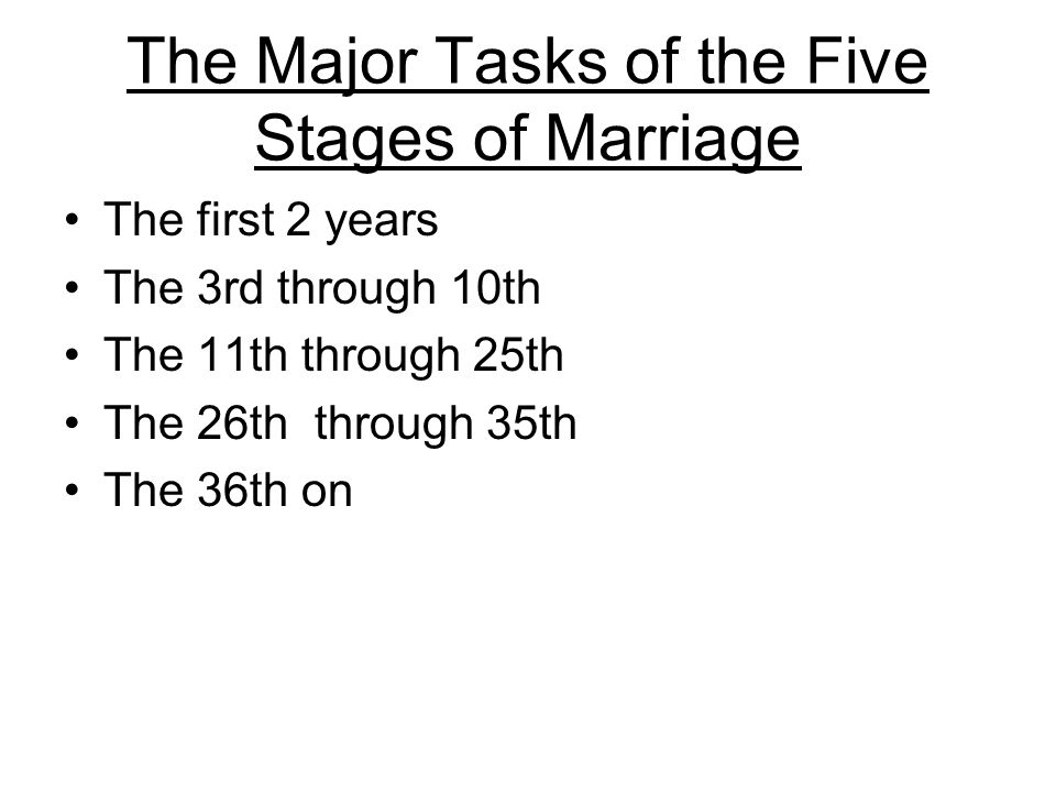 The Major Tasks of the Five Stages of Marriage The first 2 years The 3rd through 10th The 11th through 25th The 26th through 35th The 36th on
