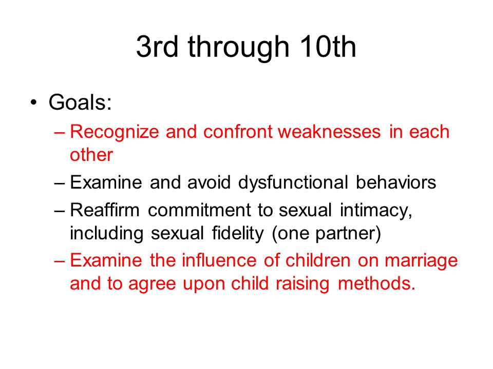 3rd through 10th Goals: –Recognize and confront weaknesses in each other –Examine and avoid dysfunctional behaviors –Reaffirm commitment to sexual intimacy, including sexual fidelity (one partner) –Examine the influence of children on marriage and to agree upon child raising methods.