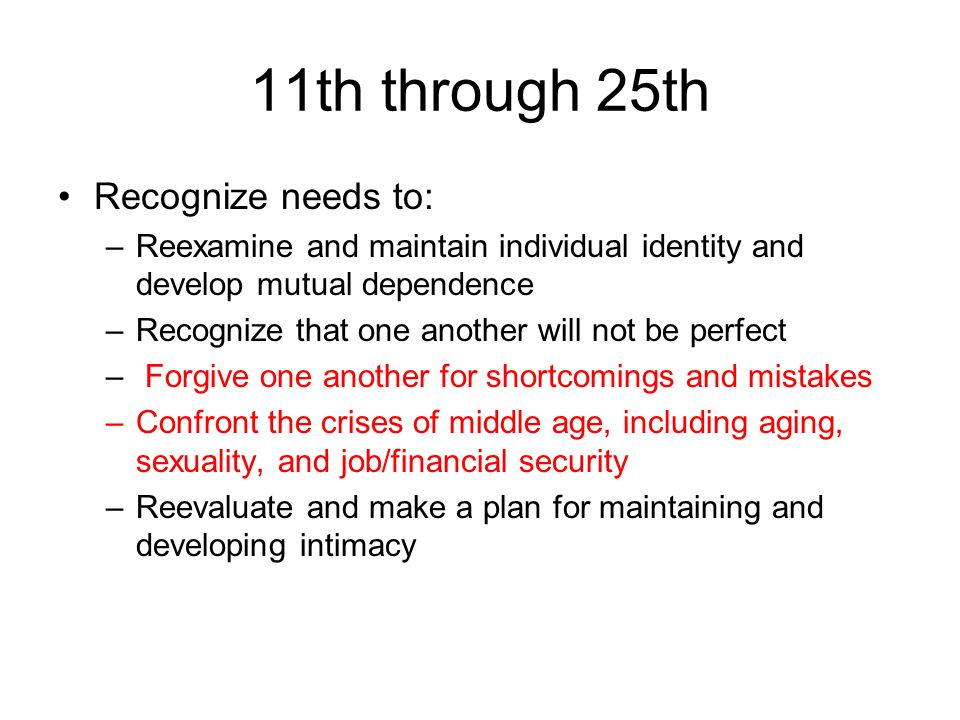 11th through 25th Recognize needs to: –Reexamine and maintain individual identity and develop mutual dependence –Recognize that one another will not be perfect – Forgive one another for shortcomings and mistakes –Confront the crises of middle age, including aging, sexuality, and job/financial security –Reevaluate and make a plan for maintaining and developing intimacy