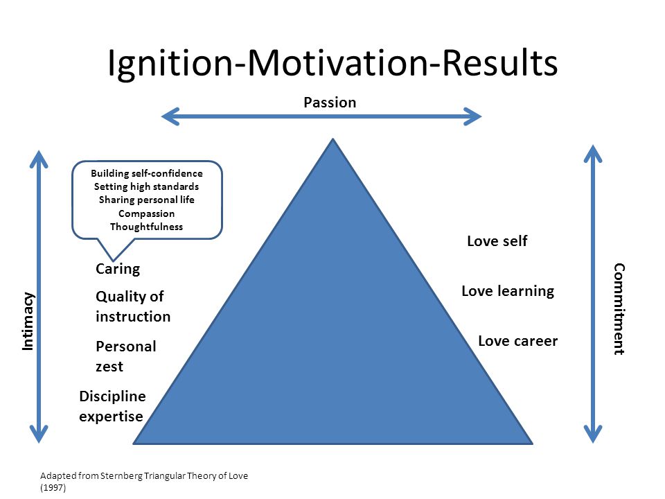 Ignition-Motivation-Results Passion Intimacy Commitment Building self-confidence Setting high standards Sharing personal life Compassion Thoughtfulness Caring Quality of instruction Personal zest Discipline expertise Love self Love learning Love career Adapted from Sternberg Triangular Theory of Love (1997)