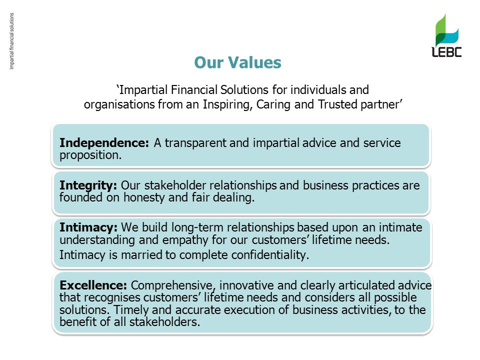 Our Values Independence: A transparent and impartial advice and service proposition.