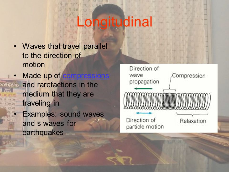 Longitudinal Waves that travel parallel to the direction of motion Made up of compressions and rarefactions in the medium that they are traveling incompressions Examples: sound waves and s waves for earthquakes