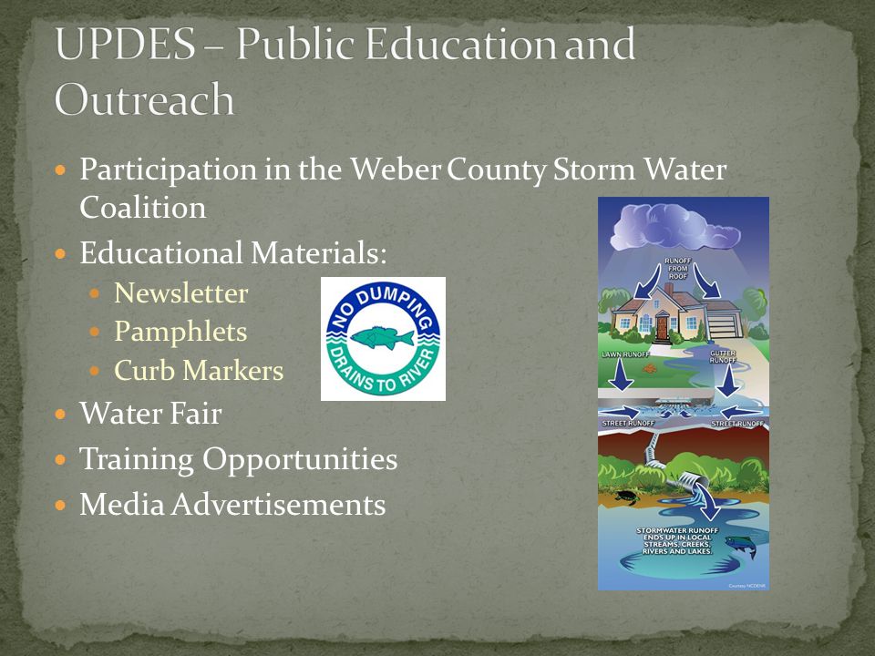 Participation in the Weber County Storm Water Coalition Educational Materials: Newsletter Pamphlets Curb Markers Water Fair Training Opportunities Media Advertisements