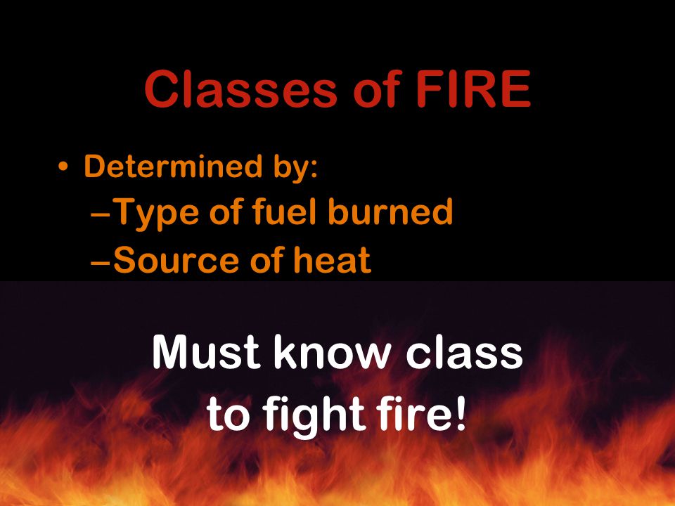 Classes of FIRE Determined by: –Type of fuel burned –Source of heat Must know class to fight fire!