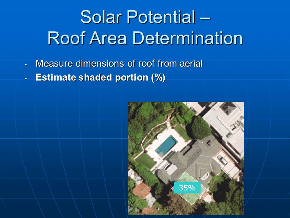 Solar Potential – Roof Area Determination Measure dimensions of roof from aerial Measure dimensions of roof from aerial ,800 = 3,200 sf