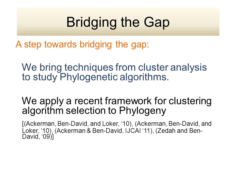 A step towards bridging the gap: We bring techniques from cluster analysis to study Phylogenetic algorithms.