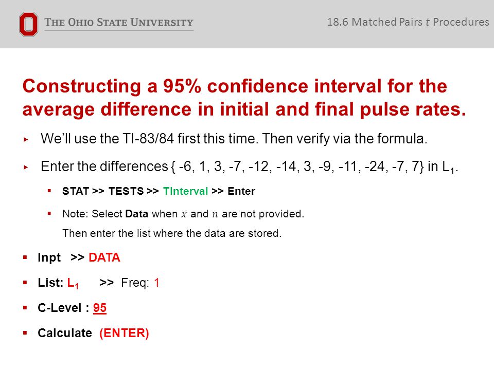 Constructing a 95% confidence interval for the average difference in initial and final pulse rates.