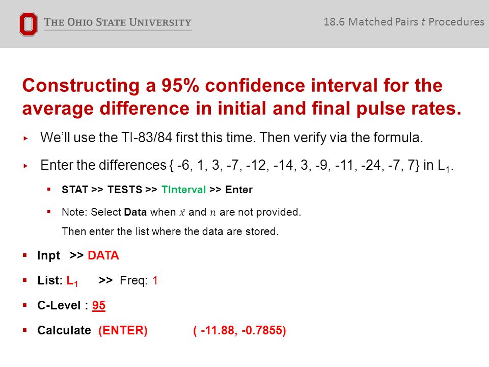 Constructing a 95% confidence interval for the average difference in initial and final pulse rates.