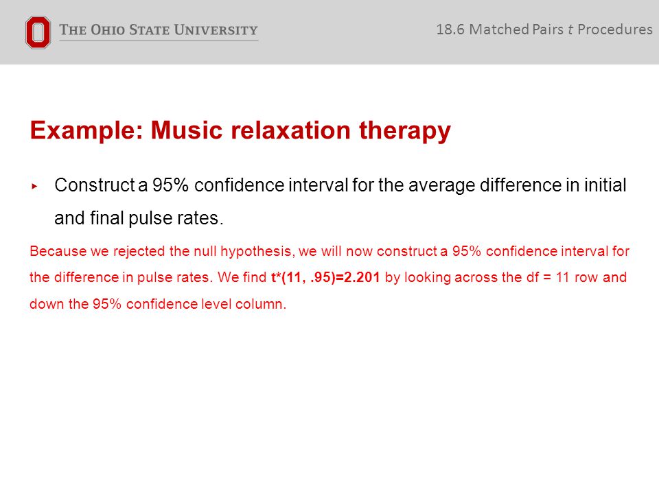 Example: Music relaxation therapy 18.6 Matched Pairs t Procedures ▸ Construct a 95% confidence interval for the average difference in initial and final pulse rates.