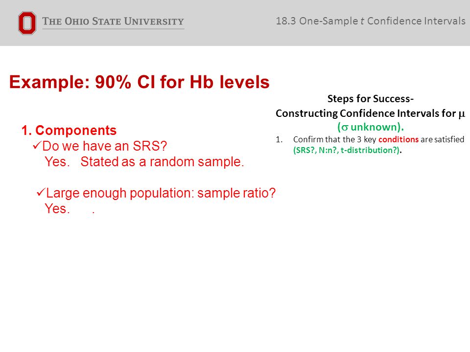 Example: 90% CI for Hb levels 1. Components Do we have an SRS.