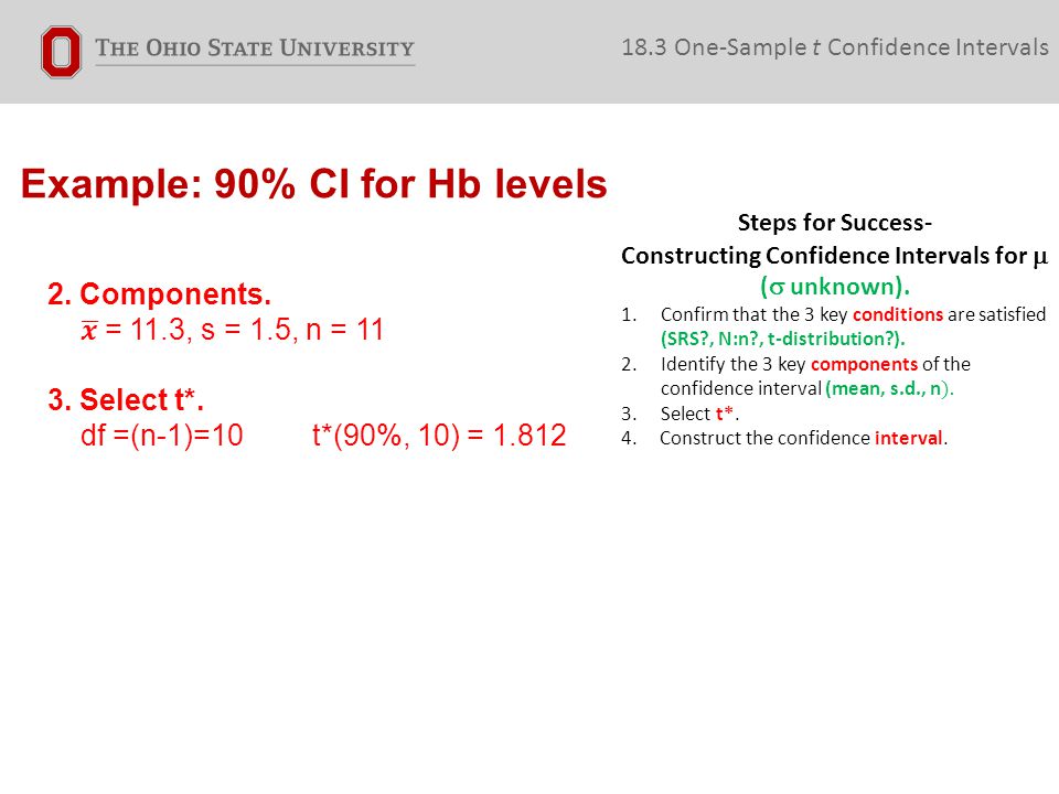 Example: 90% CI for Hb levels 18.3 One-Sample t Confidence Intervals