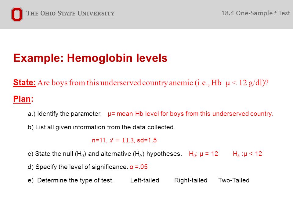 Example: Hemoglobin levels 18.4 One-Sample t Test