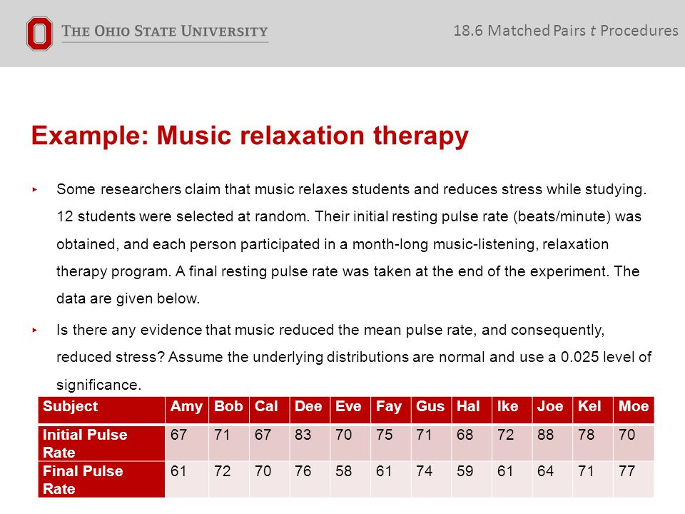 Example: Music relaxation therapy 18.6 Matched Pairs t Procedures ▸ Some researchers claim that music relaxes students and reduces stress while studying.