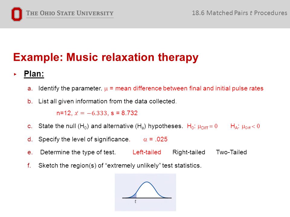 Example: Music relaxation therapy 18.6 Matched Pairs t Procedures