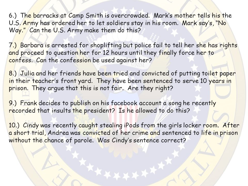 6.) The barracks at Camp Smith is overcrowded. Mark’s mother tells his the U.S.