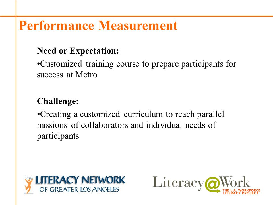 Patti Patti Performance Measurement Need or Expectation: Customized training course to prepare participants for success at Metro Challenge: Creating a customized curriculum to reach parallel missions of collaborators and individual needs of participants