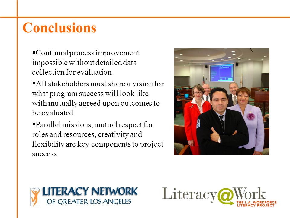 Patti Patti Conclusions  Continual process improvement impossible without detailed data collection for evaluation  All stakeholders must share a vision for what program success will look like with mutually agreed upon outcomes to be evaluated  Parallel missions, mutual respect for roles and resources, creativity and flexibility are key components to project success.
